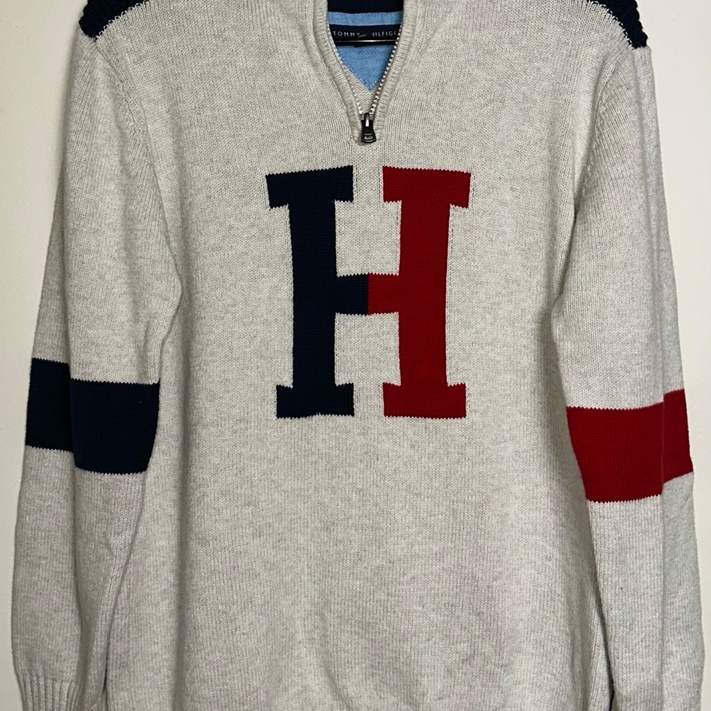 Tommy Hilfiger Kids Gray Sweater with Red and Blue Accents